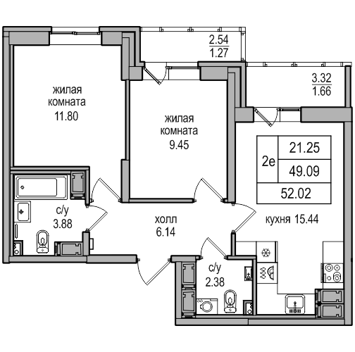 3-к. евро 52.02 м²