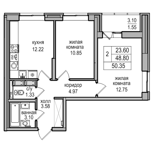 2-комнатная 50.35 м²