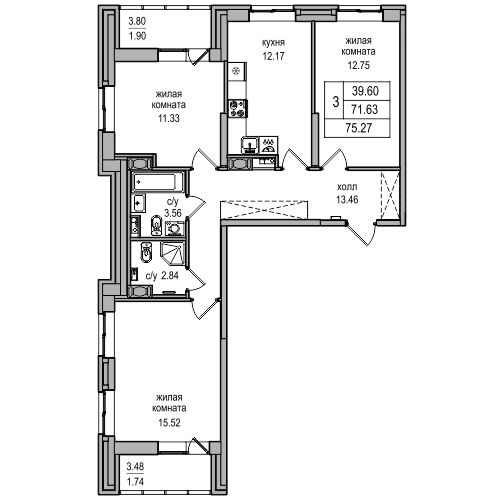 3-комнатная 74.1 м²