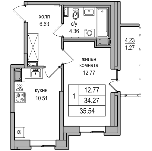 1-комнатная 35.54 м²