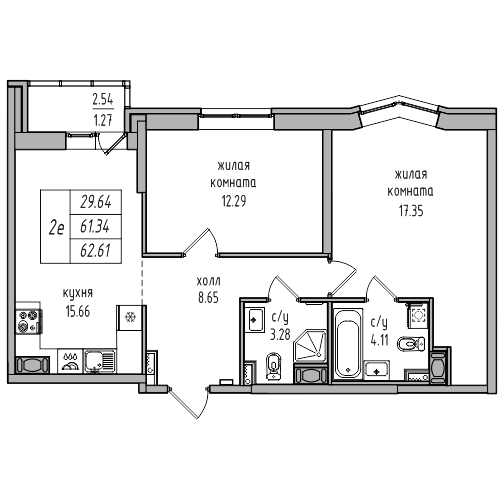 3-к. евро 62.61 м²