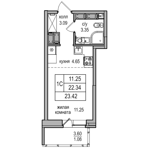 Студия 23.42 м²