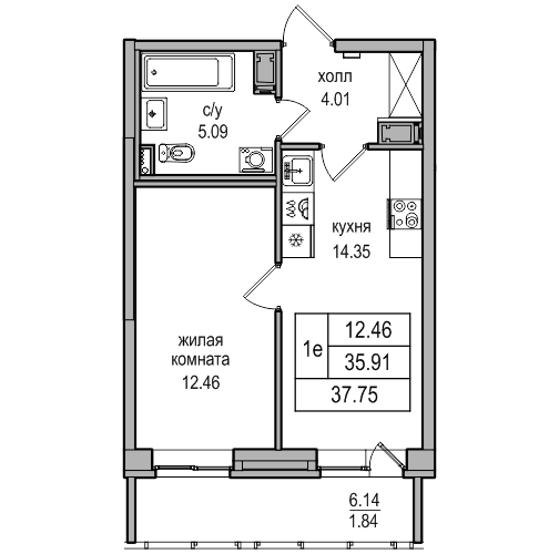 2-к. евро 37.75 м²