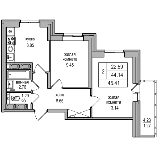 2-комнатная 45.41 м²