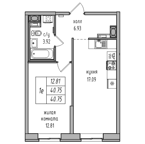 2-к. евро 40.75 м²