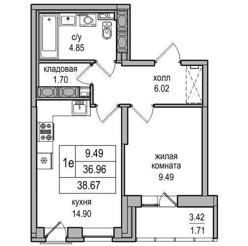 2-к. евро 38.1 м²