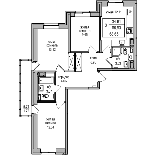 3-комнатная 68.65 м²