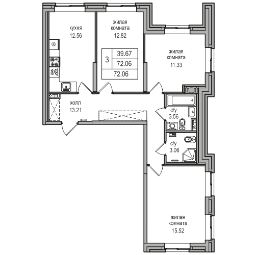 3-комнатная 72.2 м²