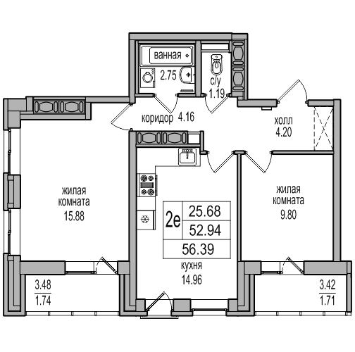 3-к. евро 56.39 м²