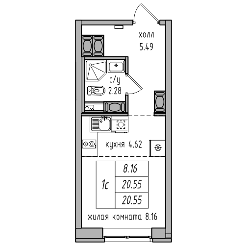 Студия 20.55 м²
