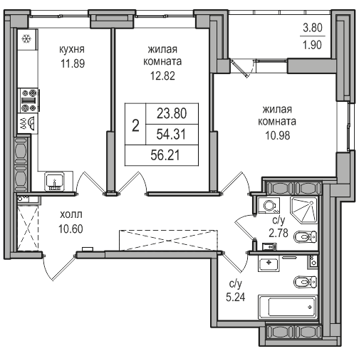 2-комнатная 55.5 м²