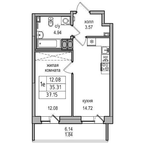 2-к. евро 37.15 м²