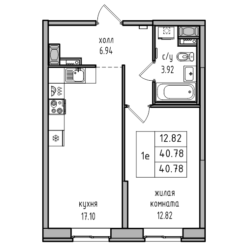 2-к. евро 40.78 м²