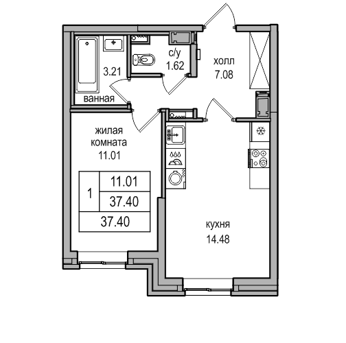 2-к. евро 37.8 м²