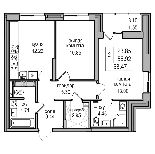 2-комнатная 57.8 м²