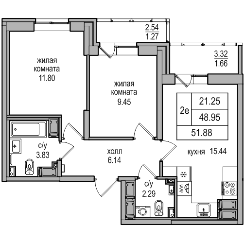 3-к. евро 51.88 м²