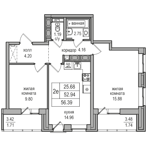 3-к. евро 55.8 м²