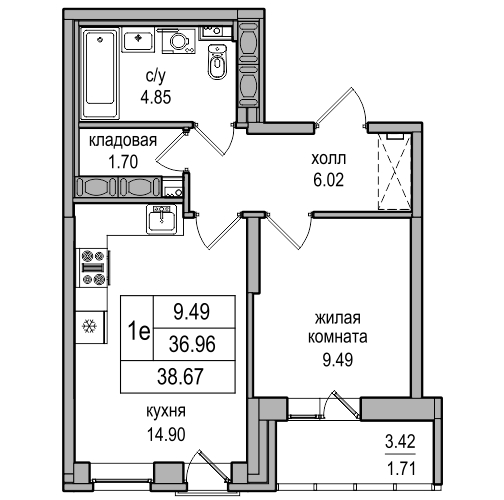 2-к. евро 38.67 м²