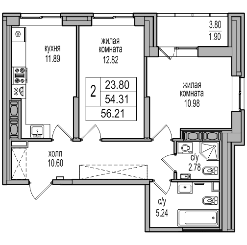 2-комнатная 55.9 м²