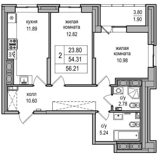 2-комнатная 55.2 м²