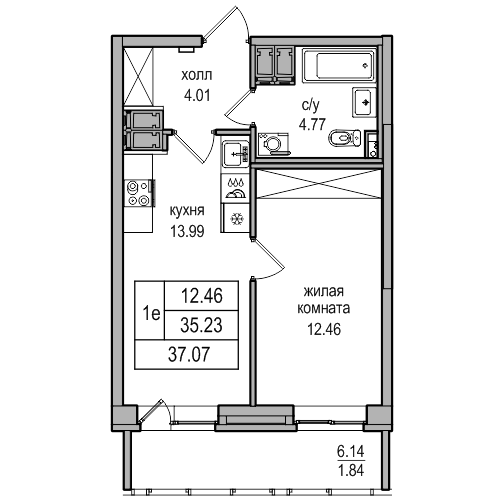 1-комнатная 37 м²