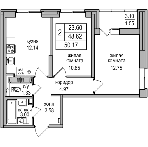 2-комнатная 49.8 м²