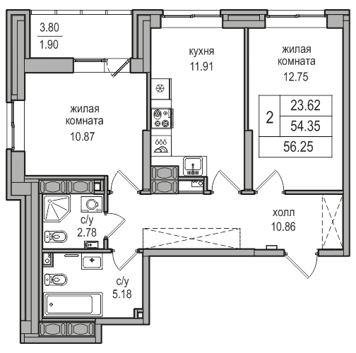 2-комнатная 55.6 м²