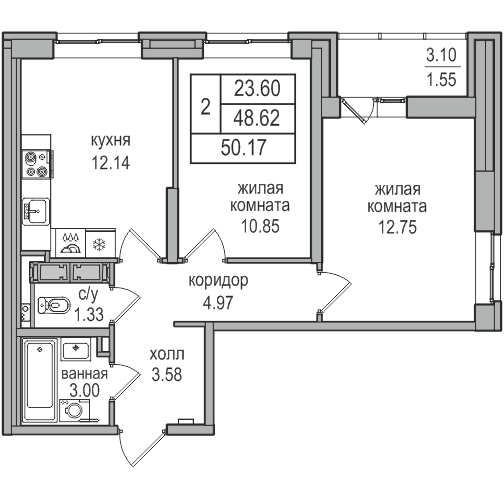 2-комнатная 49.8 м²