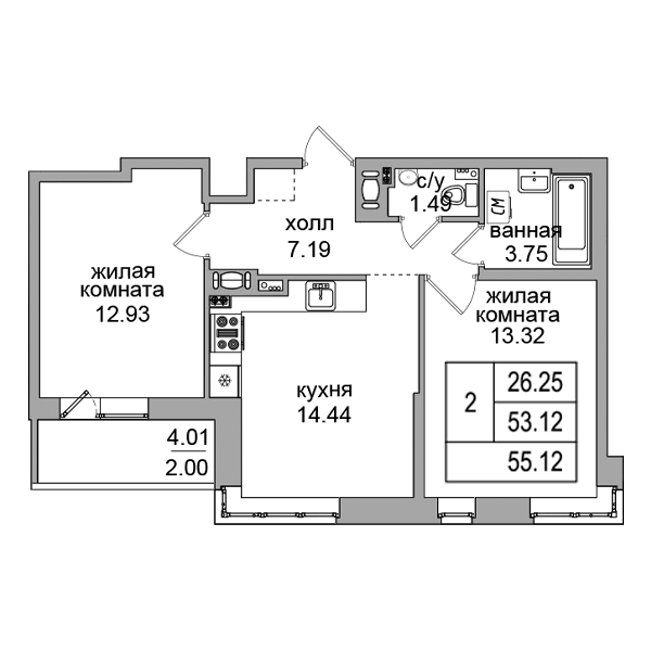 3-к. евро 55.12 м²