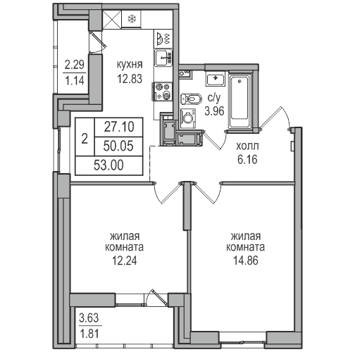 2-комнатная 52.7 м²