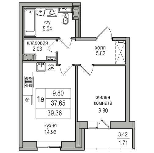 2-к. евро 38.7 м²