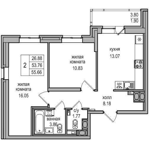 2-комнатная 55.66 м²