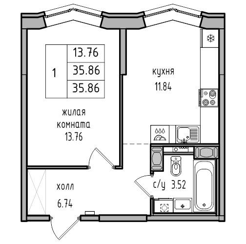 1-комнатная 35.86 м²