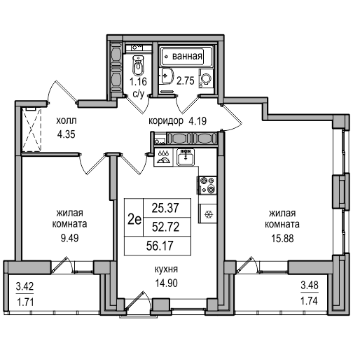 3-к. евро 55.4 м²