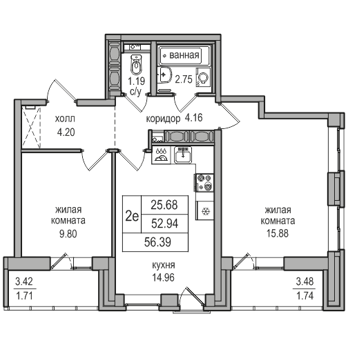 3-к. евро 55.8 м²