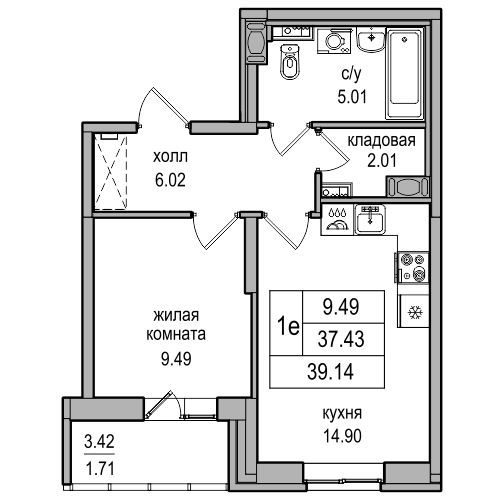 2-к. евро 39.14 м²