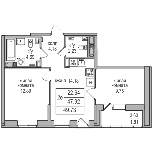 2-комнатная 49.4 м²