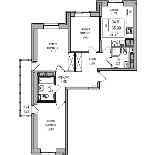 3-комнатная 67.71 м²