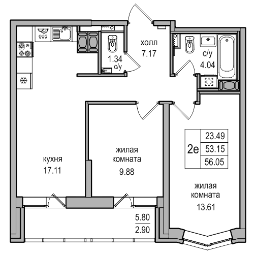 3-к. евро 56.05 м²