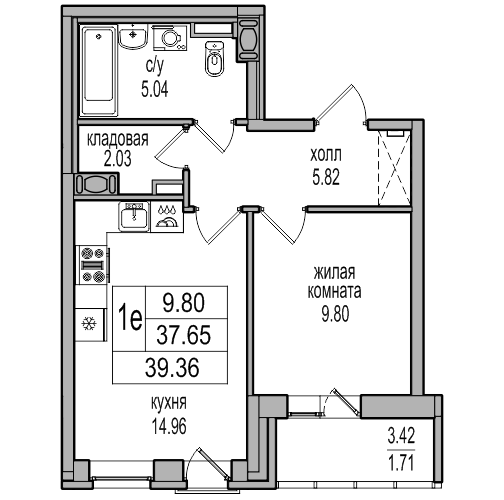 2-к. евро 39.36 м²