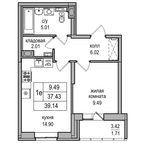 2-к. евро 38.9 м²