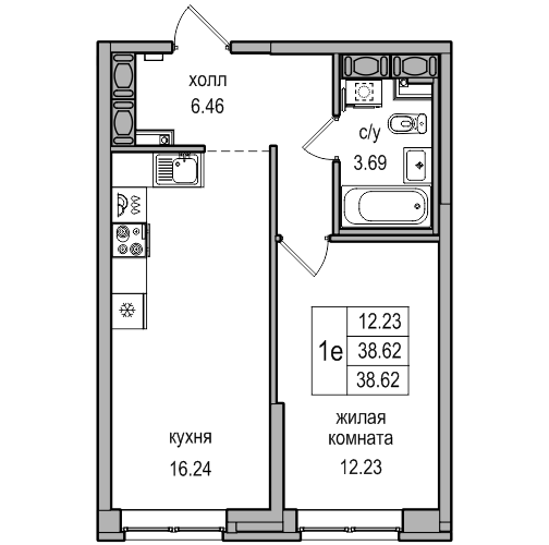 2-к. евро 38.62 м²