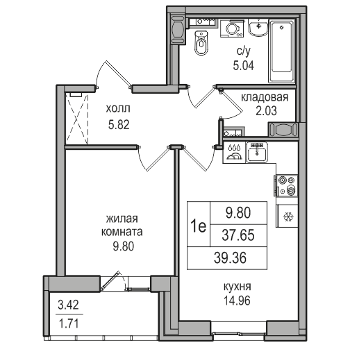 2-к. евро 38.9 м²