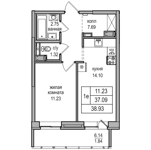 1-комнатная 38.93 м²