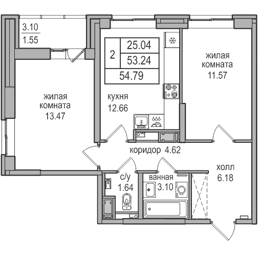 2-комнатная 54.6 м²