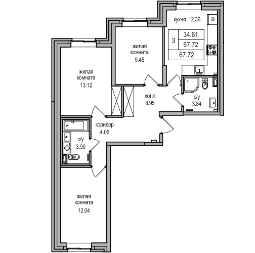 3-комнатная 68.6 м²