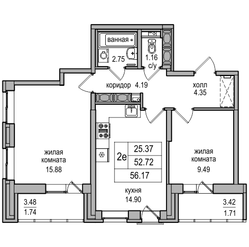 3-к. евро 56.17 м²