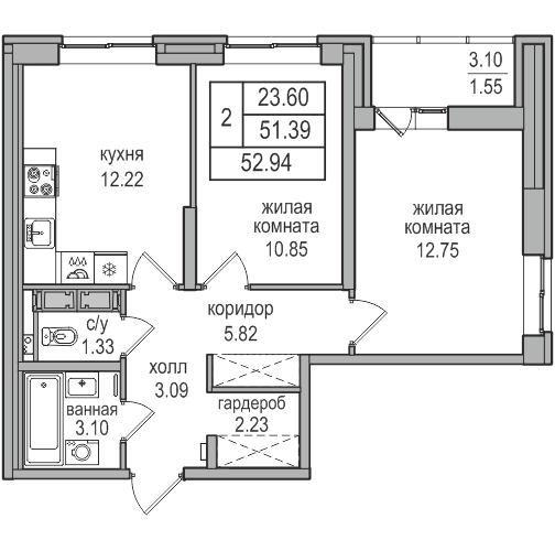 2-комнатная 52.3 м²