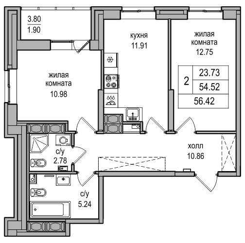 2-комнатная 55.3 м²