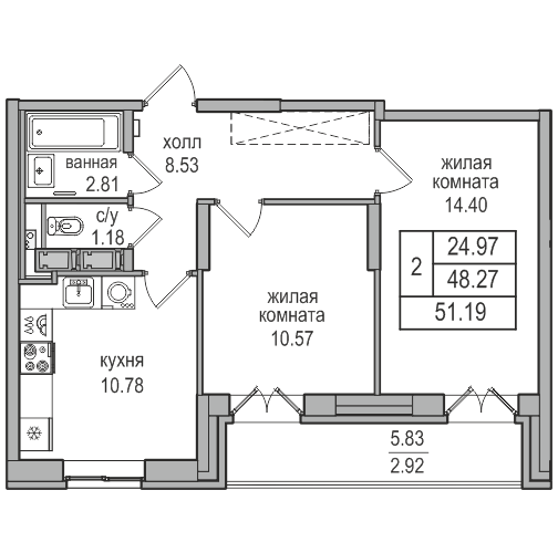 2-комнатная 51.19 м²